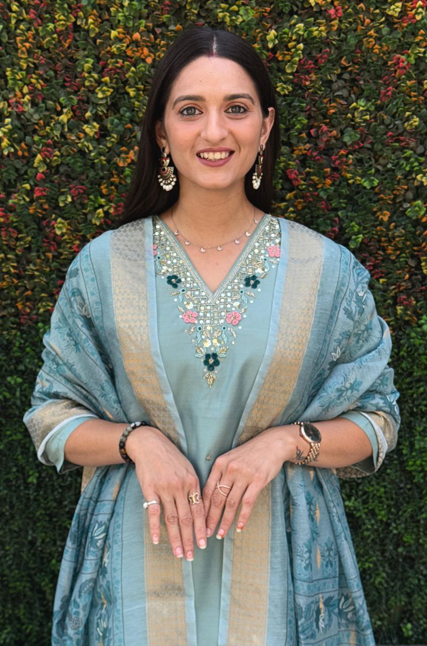 Lorenvalley Fashion Seagreen Roman Silk Hand Work Kurta Pant with Dupatta - Swadesiicart