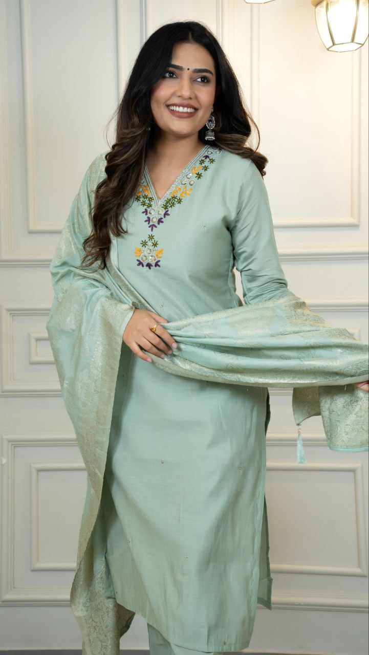 Lorenvalley Fashion Seagreen Roman Silk Hand Work Kurta Pant with Dupatta - Swadesiicart