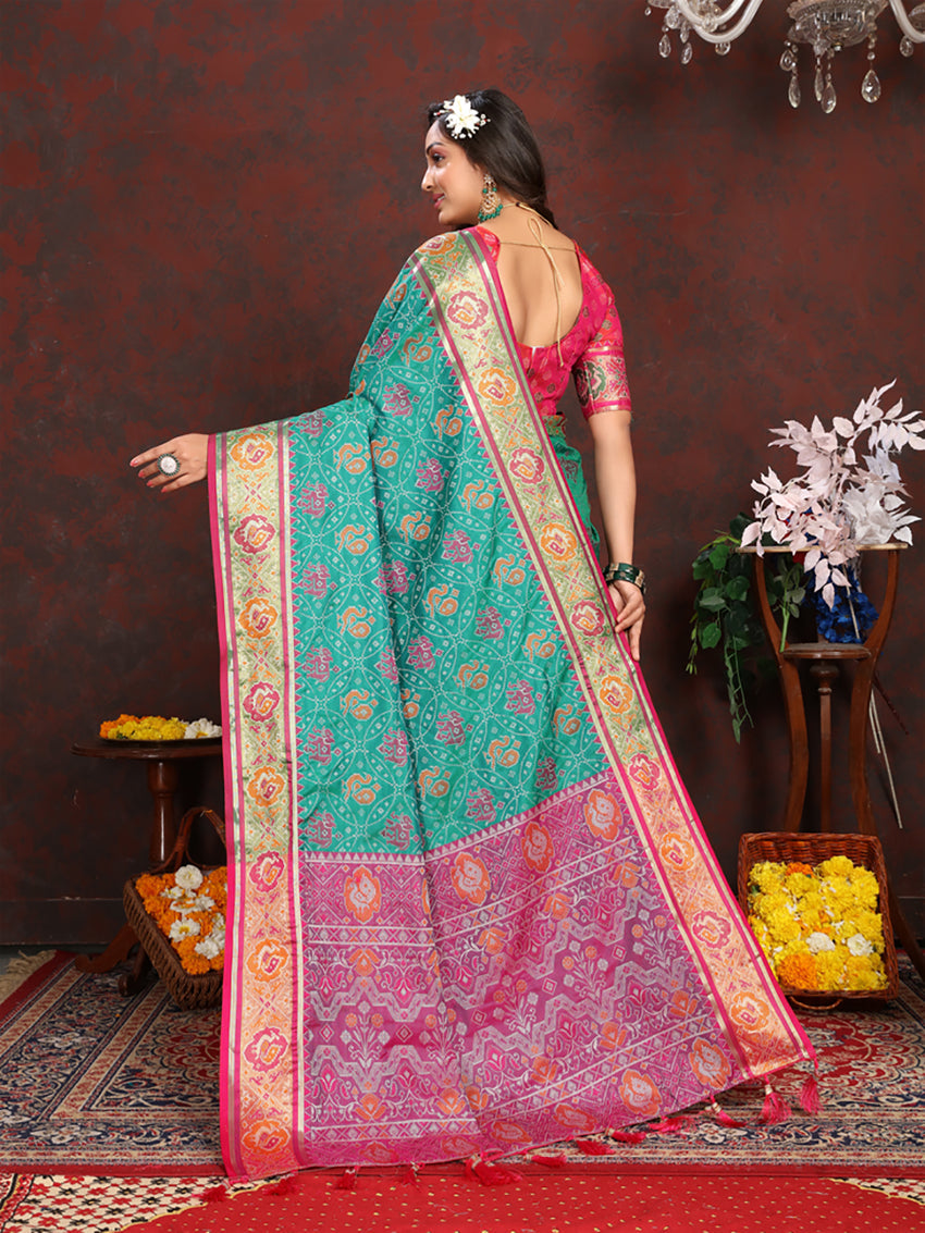 Lorenvalley Fashion Seagreen Patola Silk Woven Design with Zari Meenakari Weaving motifs Pallu Saree - Swadesiicart