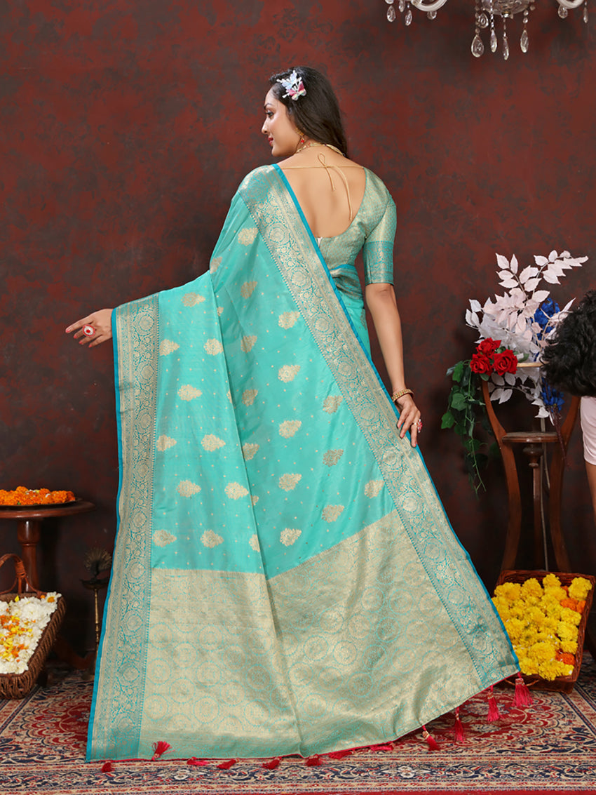 Lorenvalley Fashion Seagreen Soft Katan Silk Woven Design Zari Weaving Pallu Saree - Swadesiicart