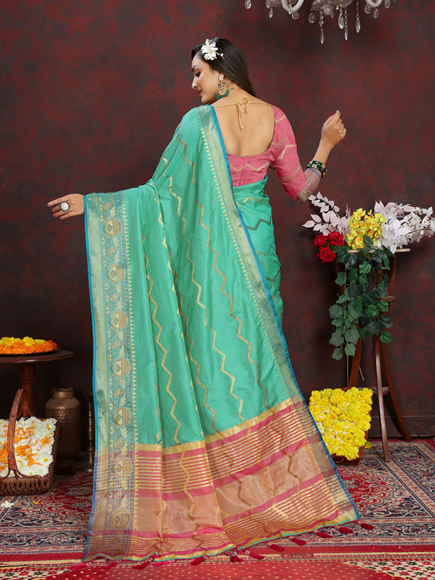 Lorenvalley Fashion Seagreen Soft Katan Silk Woven Design Zari Weaving Pallu Saree - Swadesiicart