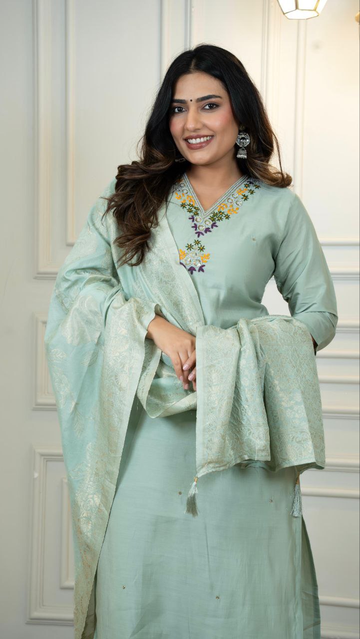Lorenvalley Fashion Seagreen Roman Silk Hand Work Kurta Pant with Dupatta - Swadesiicart