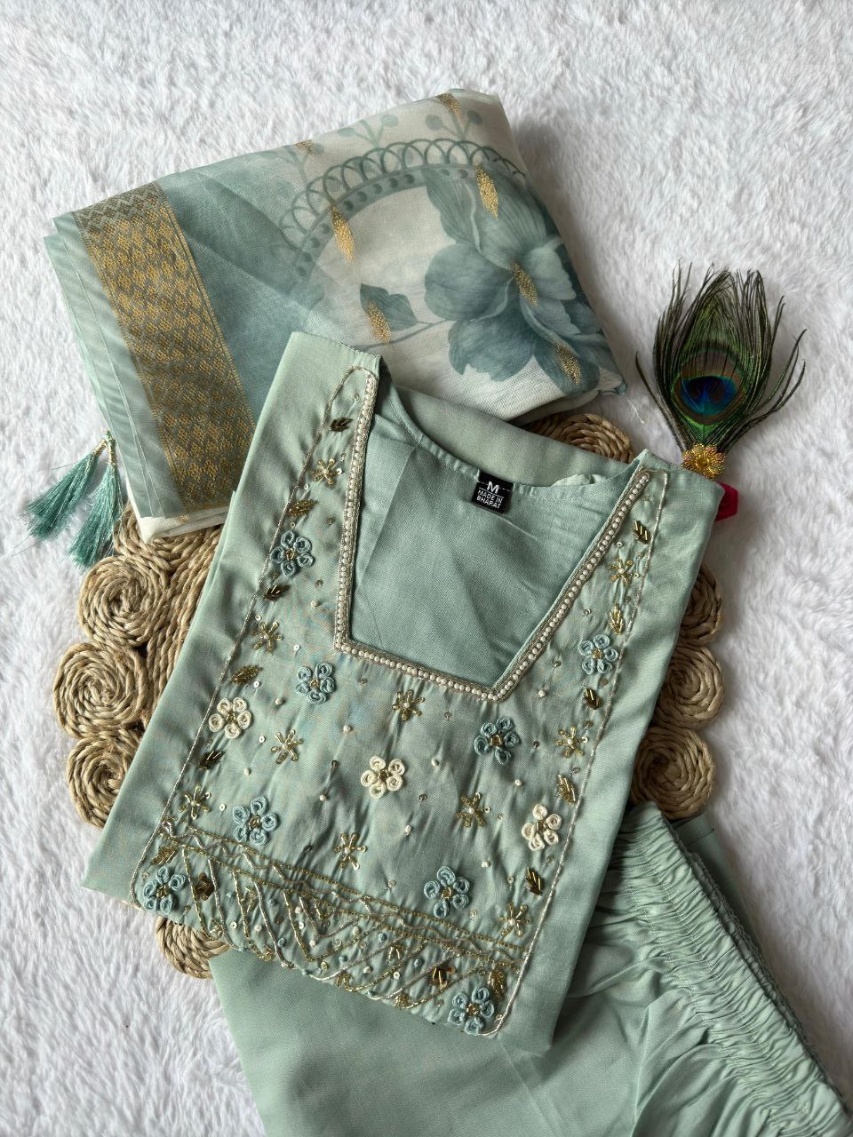 Lorenvalley Fashion Seagreen Roman Silk Hand Work Kurta Pant with Dupatta - Swadesiicart