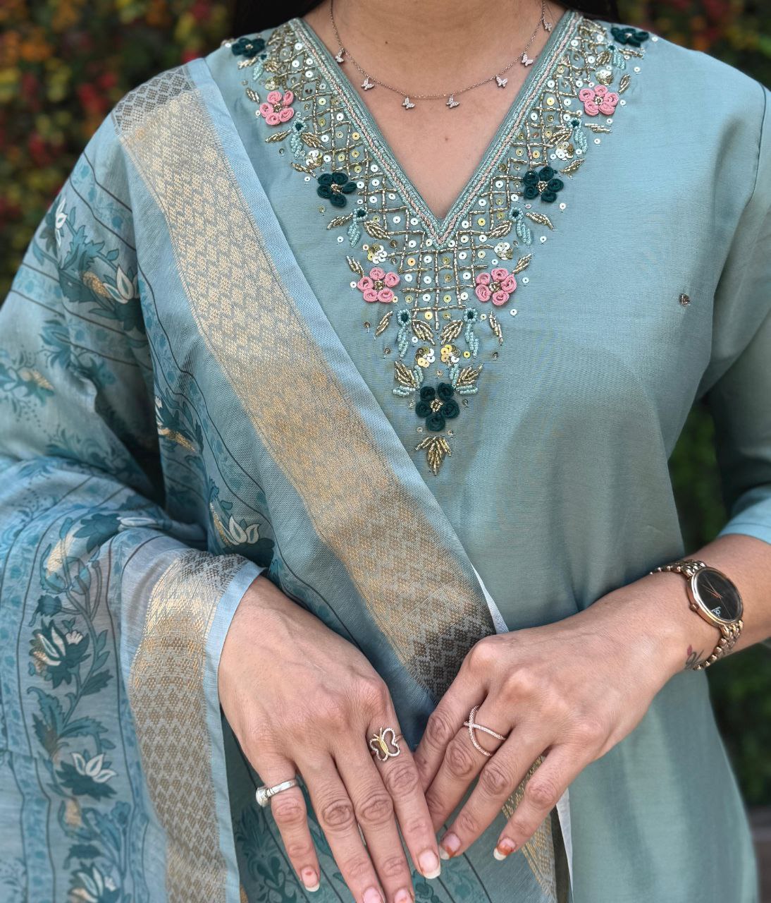 Lorenvalley Fashion Seagreen Roman Silk Hand Work Kurta Pant with Dupatta - Swadesiicart