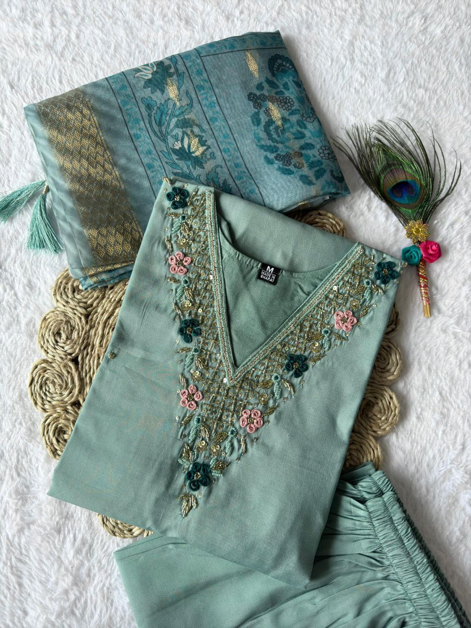 Lorenvalley Fashion Seagreen Roman Silk Hand Work Kurta Pant with Dupatta - Swadesiicart