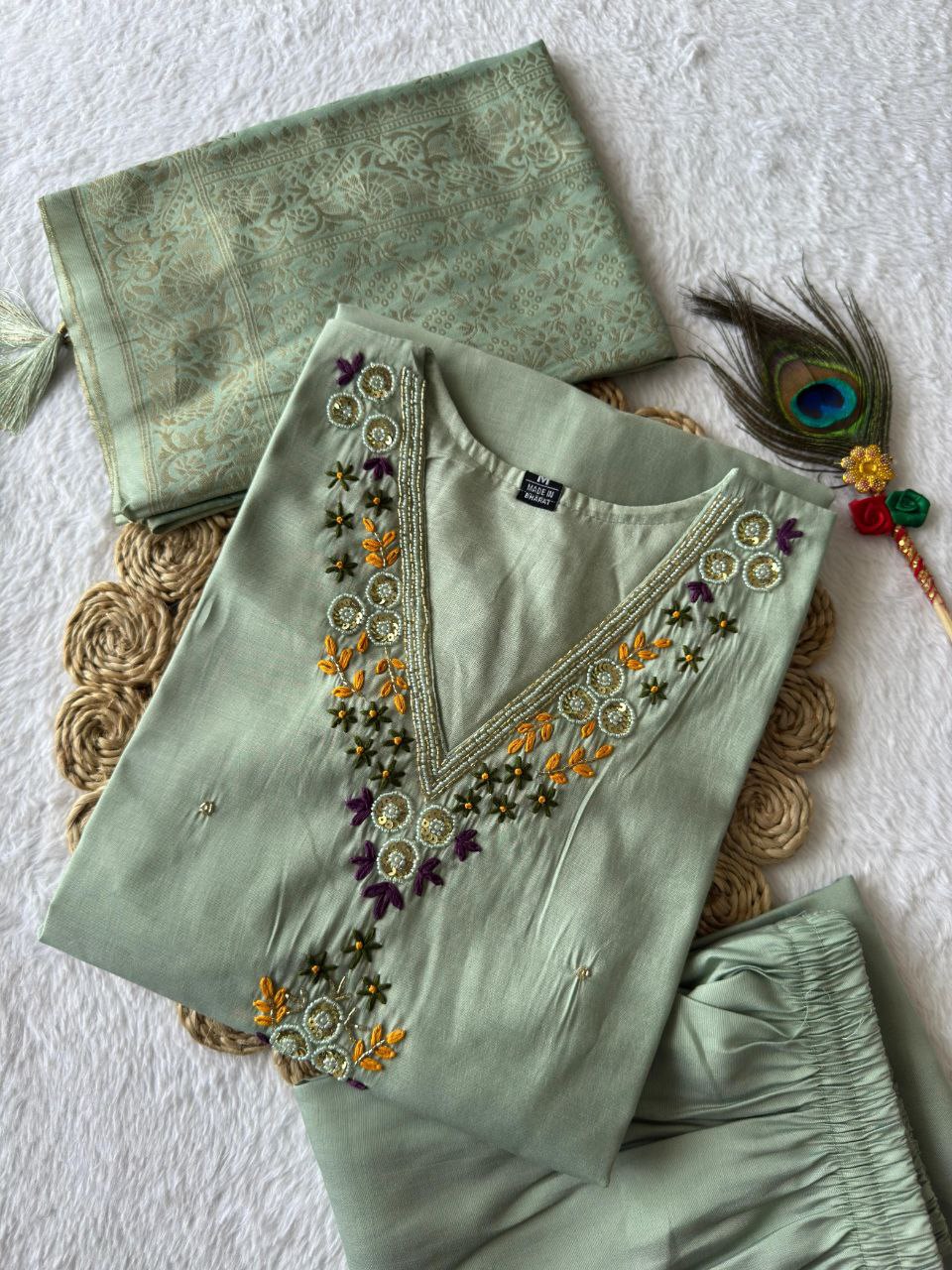 Lorenvalley Fashion Seagreen Roman Silk Hand Work Kurta Pant with Dupatta - Swadesiicart