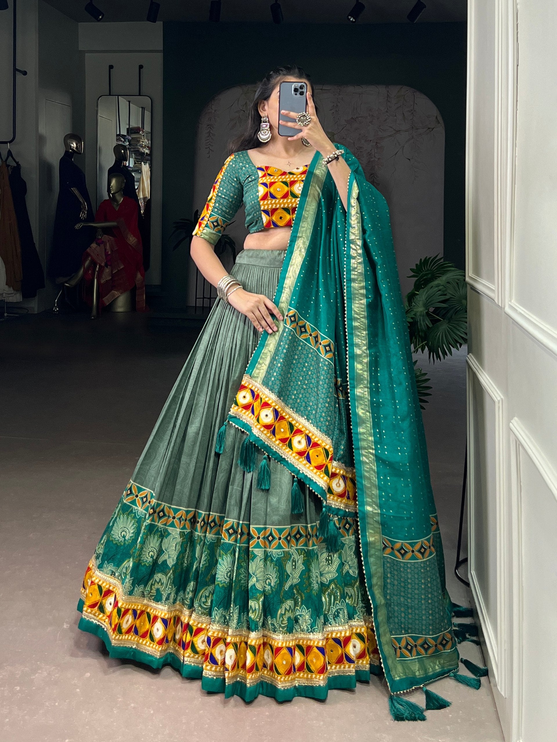 Lorenvalley Fashion Seagreen Tasar Silk Print with Foil Work and Real Mirror Gamthi Work with Lace Touch Up Lehenga Choli with Dupatta | Swadesiicart