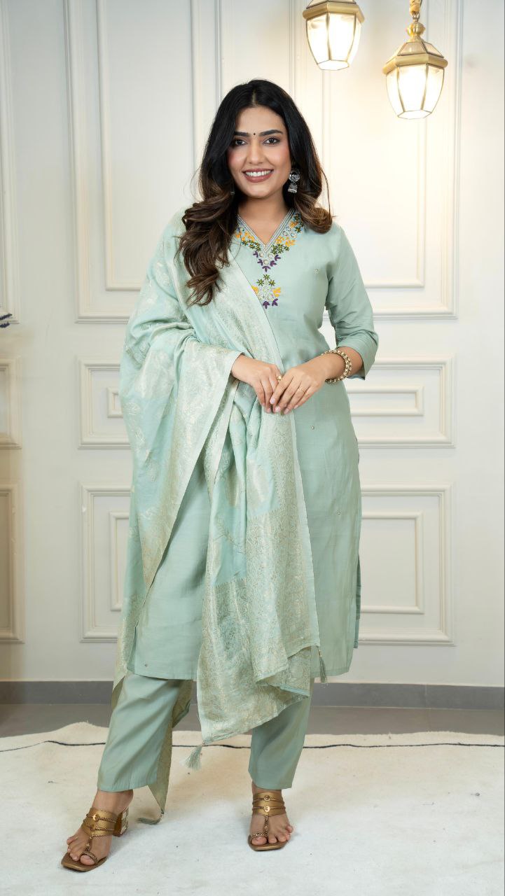 Lorenvalley Fashion Seagreen Roman Silk Hand Work Kurta Pant with Dupatta - Swadesiicart