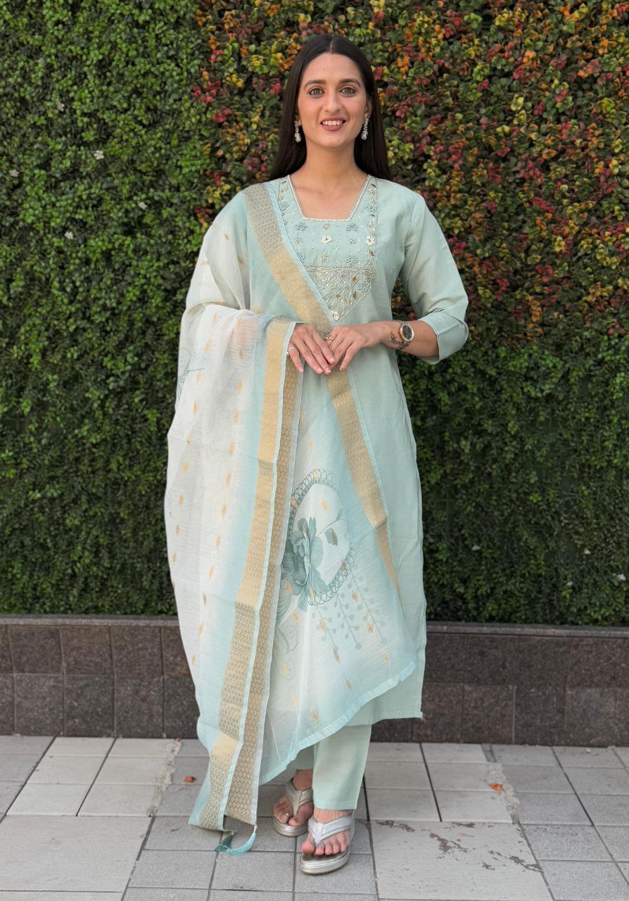 Lorenvalley Fashion Seagreen Roman Silk Hand Work Kurta Pant with Dupatta - Swadesiicart