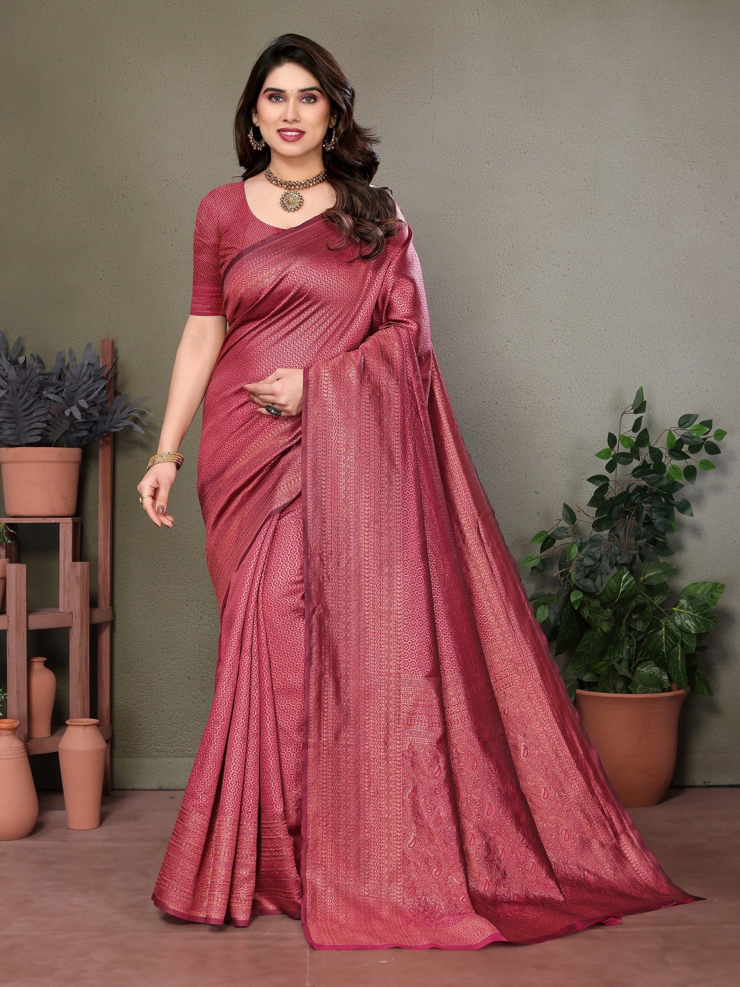 Vedant Vastram Litchi Silk Banarasi Silk Saree - Maroon | Swadesiicart