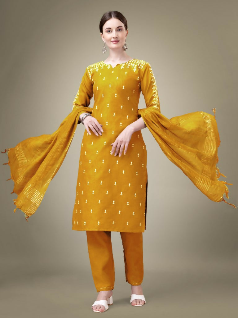 Jyoti Fashion Women's Yellow Cotton Blend Embroidery & Sequence work Kurta with Trouser & Dupatta | Swadesiicart