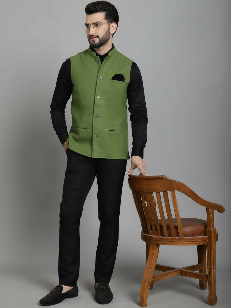Even Apparels Nehru Jacket With Welt Pockets - Olive | Swadesiicart