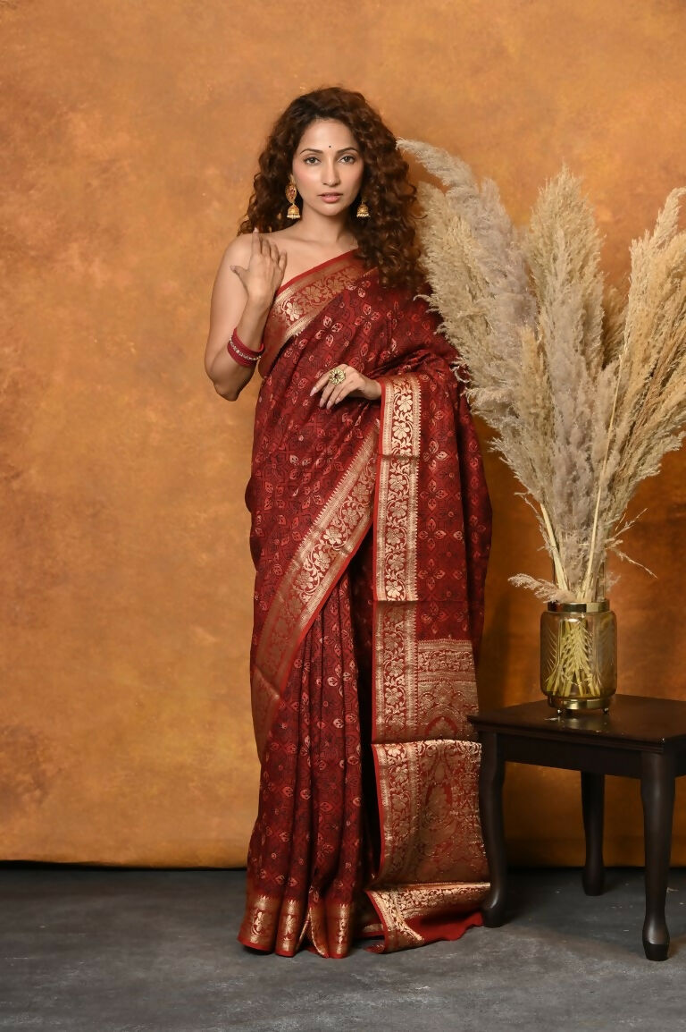 Very Much Indian Modal Silk Ajrakh Handblock Printed Natural Dyes With Designer Border Saree - Red | Swadesiicart