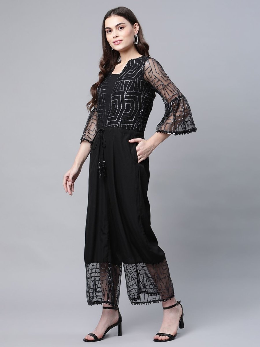 Ahalyaa Womens Crepe & Net Black Printed Jumpsuit - Swadesiicart