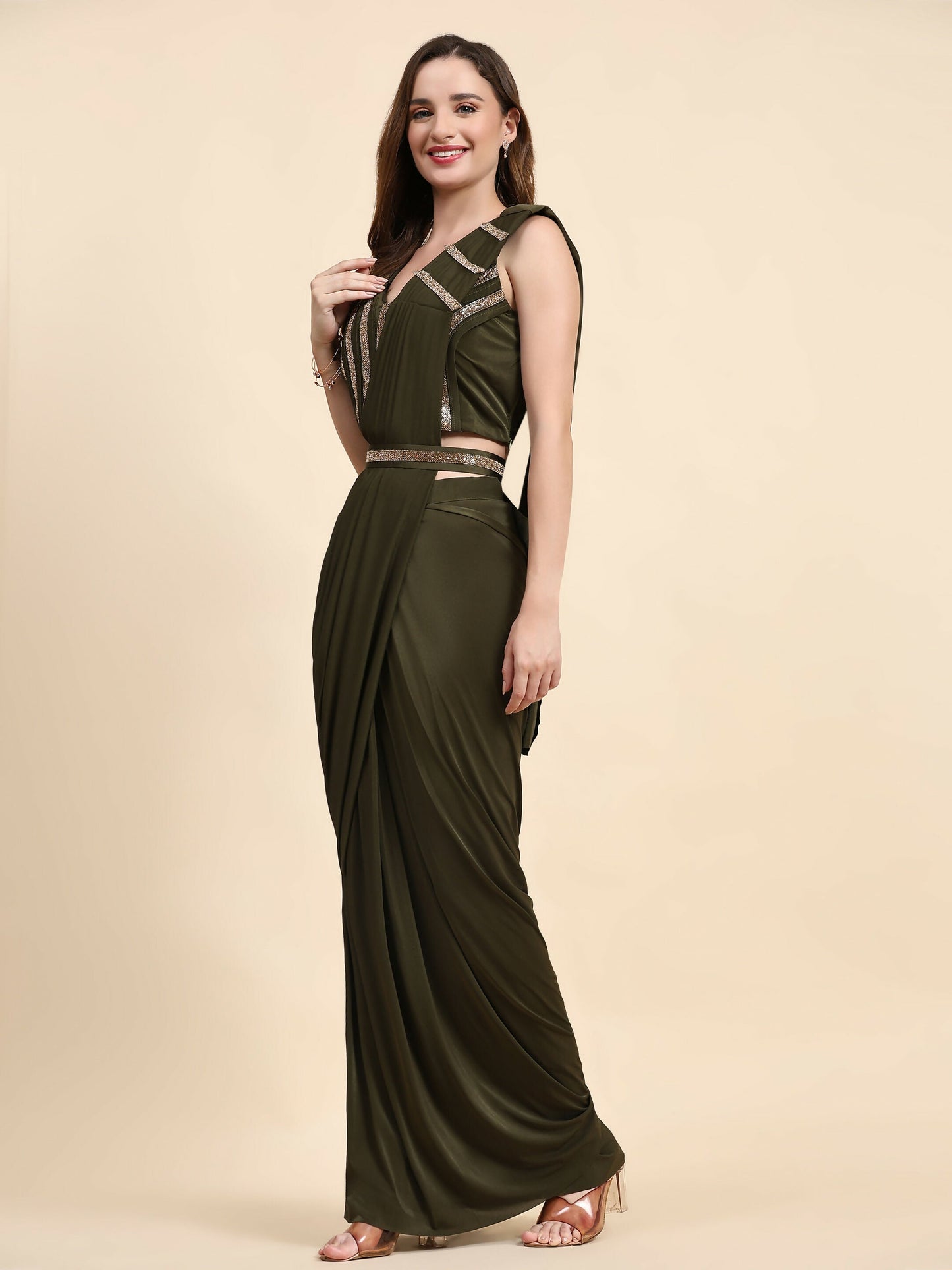 Green Polyester Solid Ready to Wear Saree with stitched Blouse - Nita | Swadesiicart