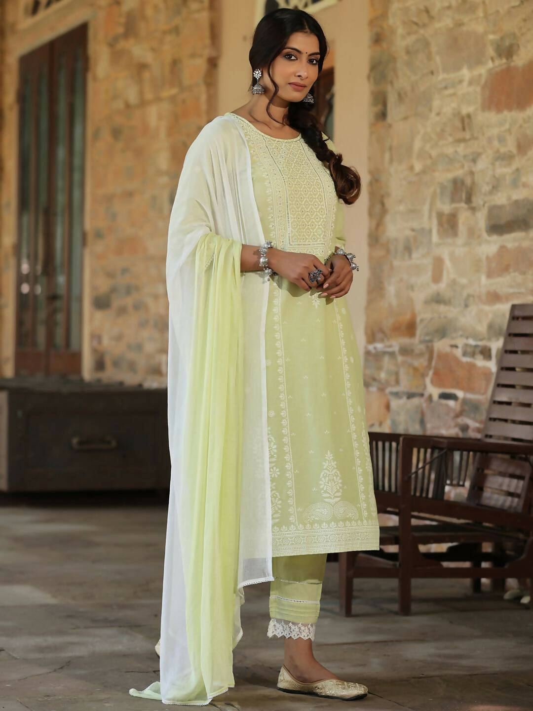 Juniper Women's Lime Green Cambric Floral Print Kurta Straight Pant And Duptta Sets | Swadesiicart