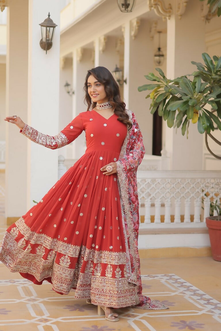 Jyoti Fashion Women's Orange Faux Georgette Sequins Zari Embroideredy Anarkali Dress with Dupatta | Swadesiicart