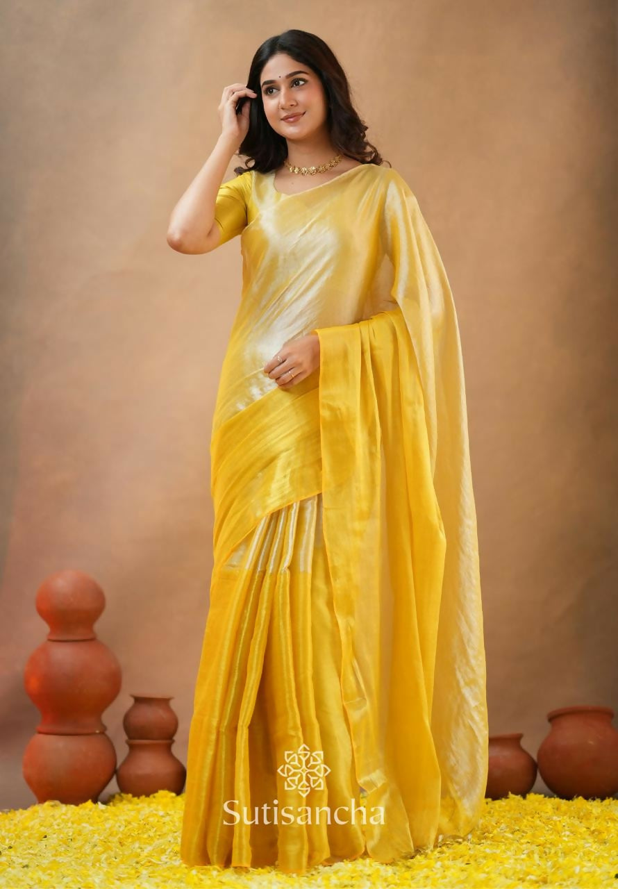 Exclusive Collection Beautiful Yellow Tissue Silk Hand Weaving Handloom Saree With Running Blouse Piece - Swadesiicart