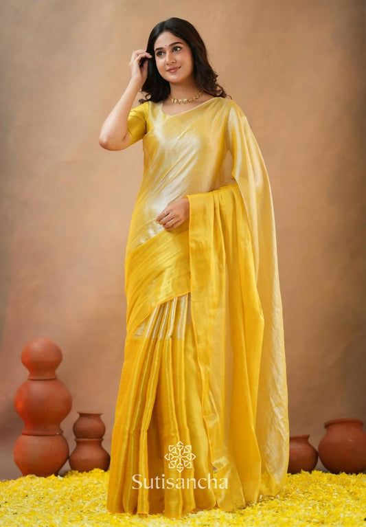 Exclusive Collection Beautiful Yellow Tissue Silk Hand Weaving Handloom Saree With Running Blouse Piece - Swadesiicart