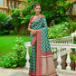 Vishnu Weaves Women's Teal Handloom Raw Silk Zari Woven Saree with Blouse - Swadesiicart
