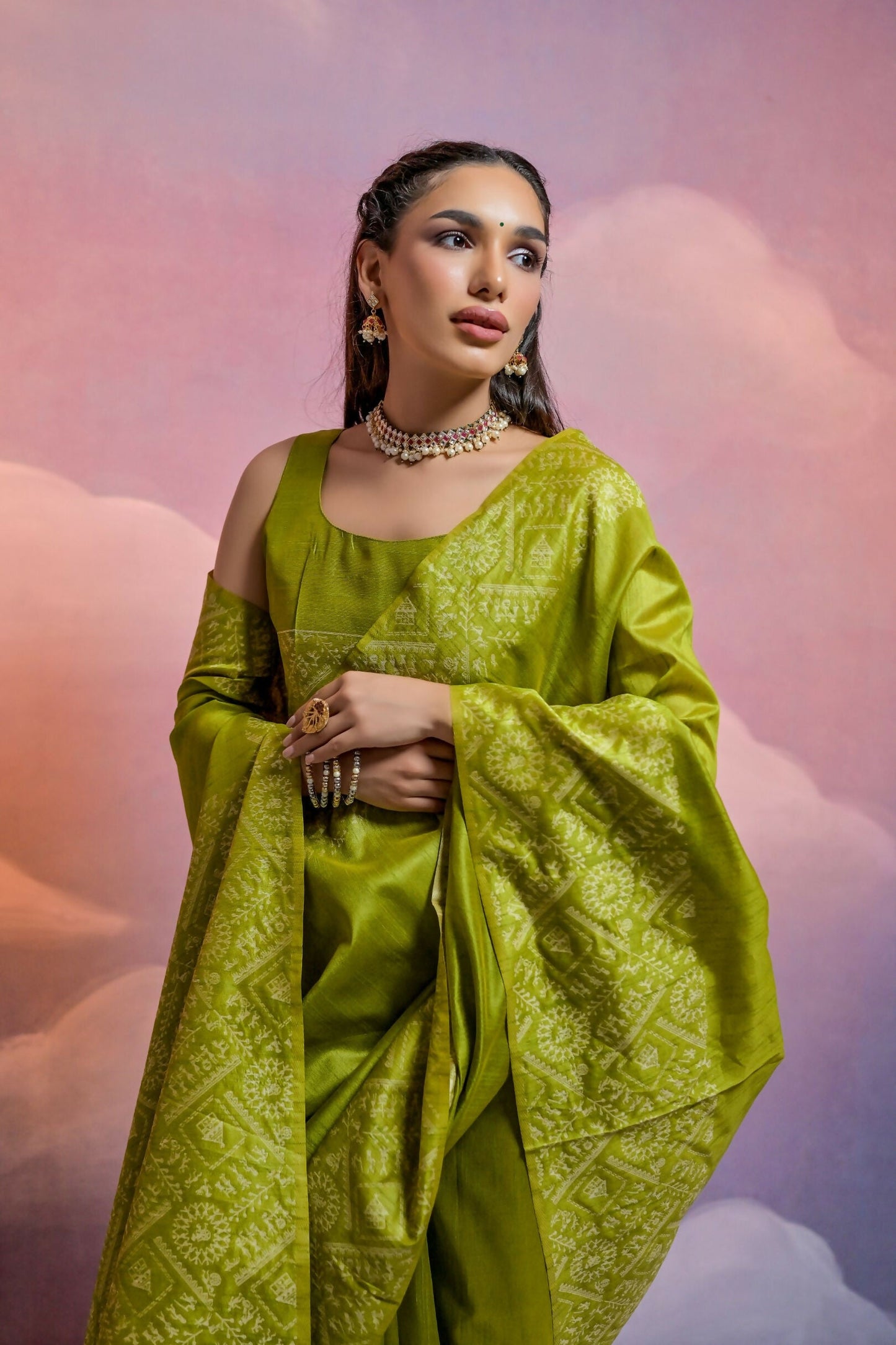 Vishnu Weaves Women's Mahendi Handloom Raw Silk Woven Border Saree with Blouse - Swadesiicart