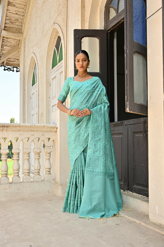 Vishnu Weaves Women's Sea-Green Handloom Raw Silk Saree with Blouse - Swadesiicart