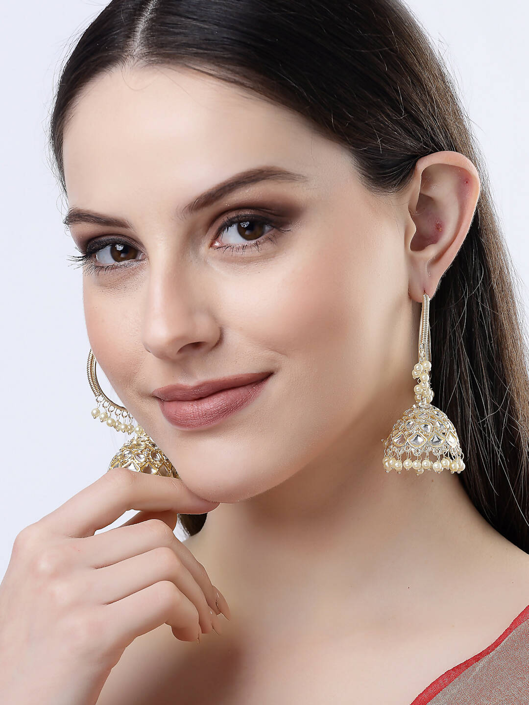 NVR Women Gold-Polished Handcrafted Kundan Jhumka Earrings | Swadesiicart