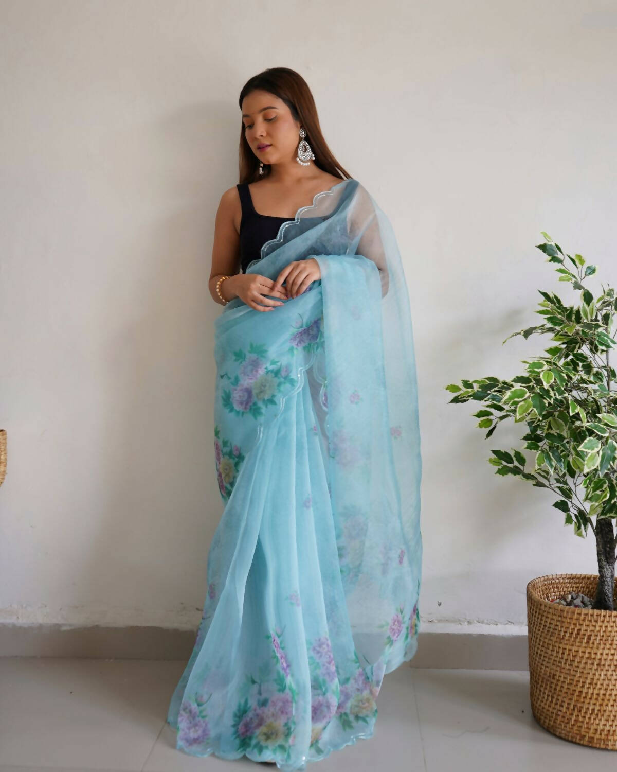 Vamsee Sky Blue Organza Saree - Swadesiicart