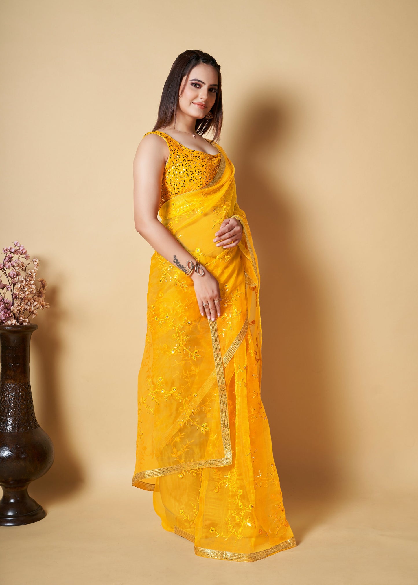 Vamsee Anya Yellow Organza Saree - Swadesiicart