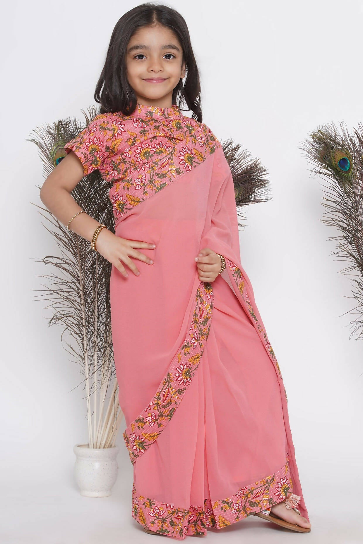 Little Bansi Floral Print Ready To Wear Saree And Floral Blouse - Coral | Swadesiicart