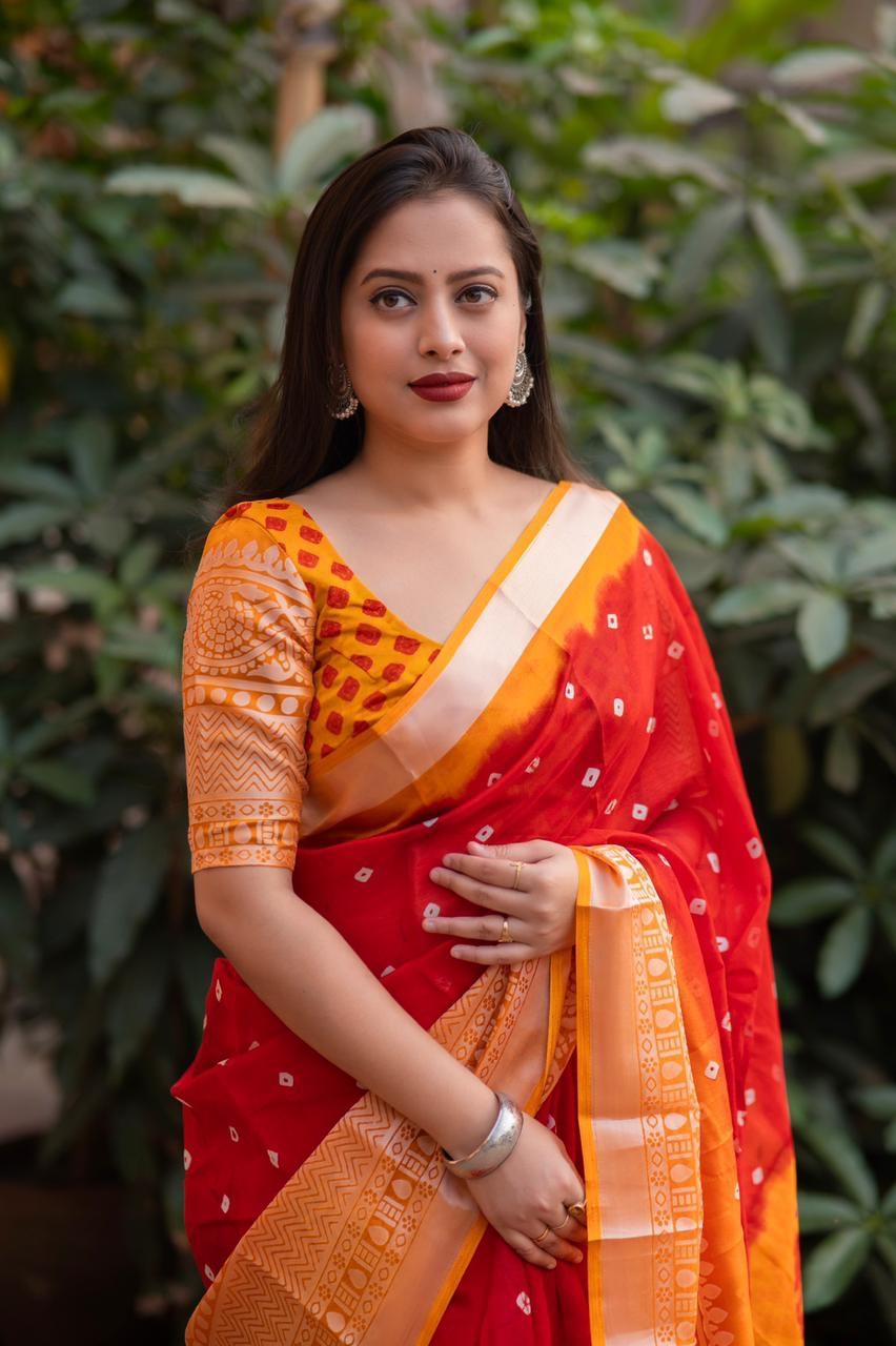 Red Jute Silk Ethnic Motifs Saree with Unstitched Blouse - Hiral Fashion | Swadesiicart