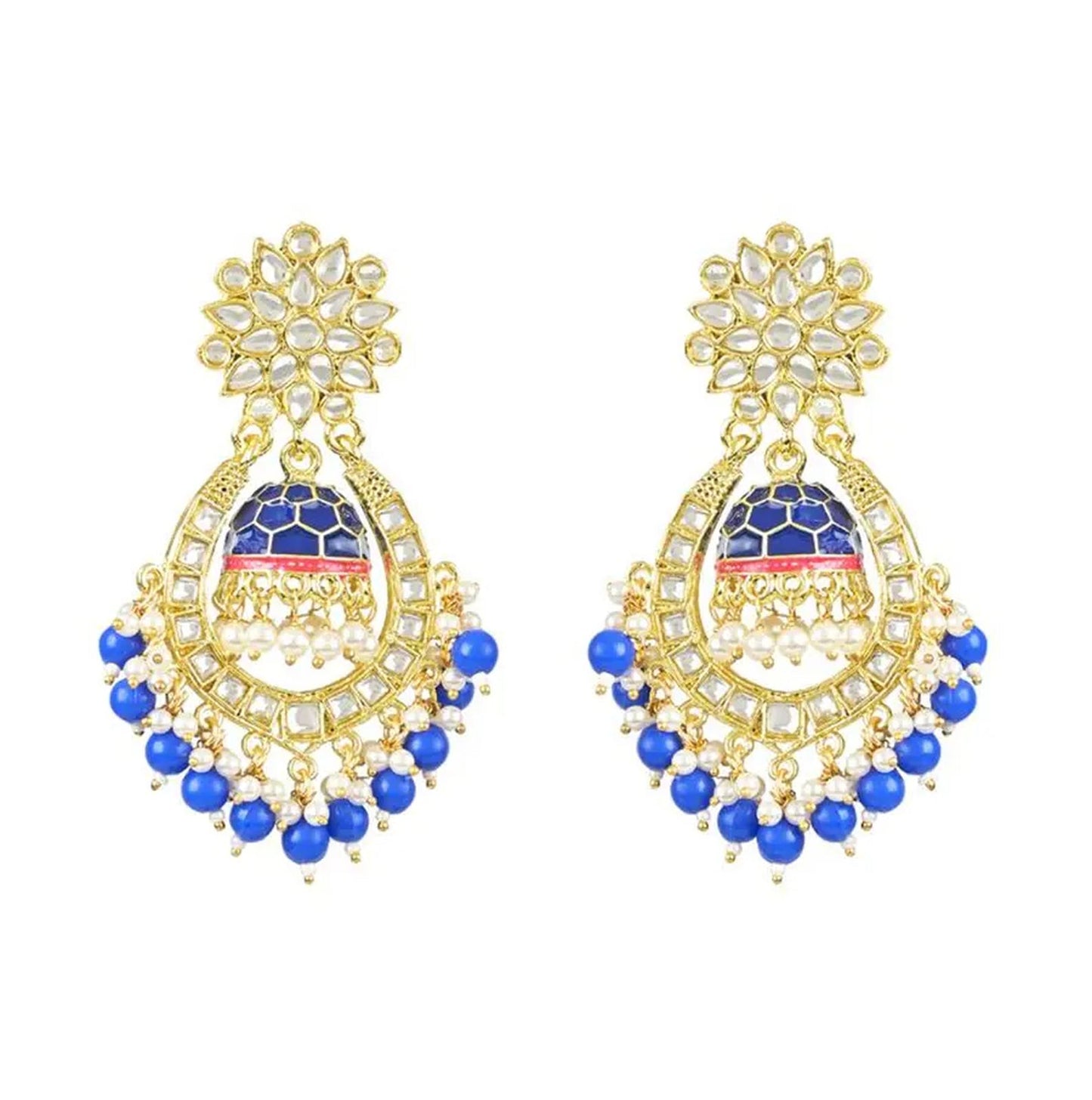 Jewel City Royal Blue and Gold-Plated Kundan Chandbali Earrings – Traditional Indian Jhumka Earrings with Pearls | Swadesiicart