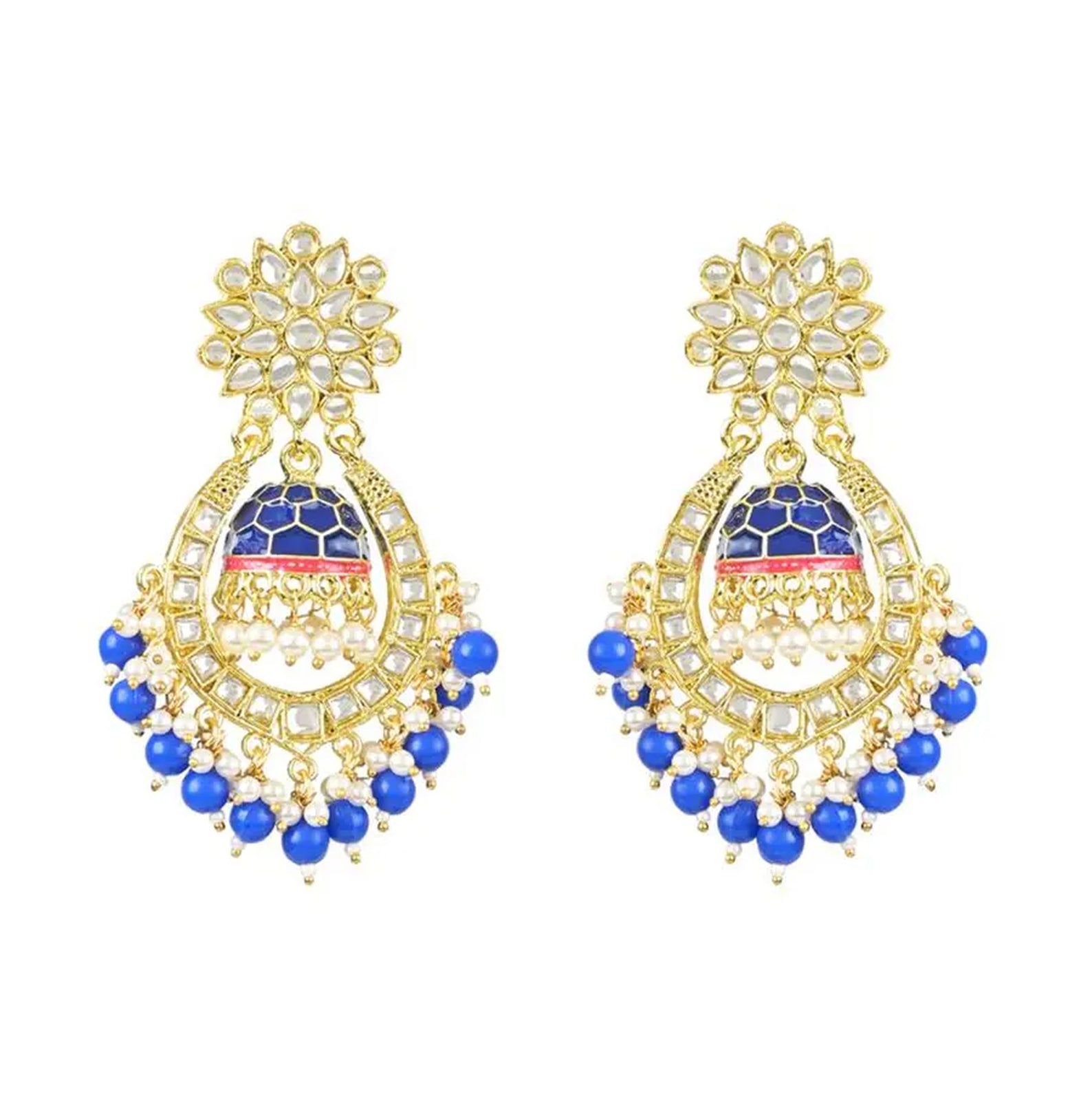 Jewel City Royal Blue and Gold-Plated Kundan Chandbali Earrings – Traditional Indian Jhumka Earrings with Pearls | Swadesiicart