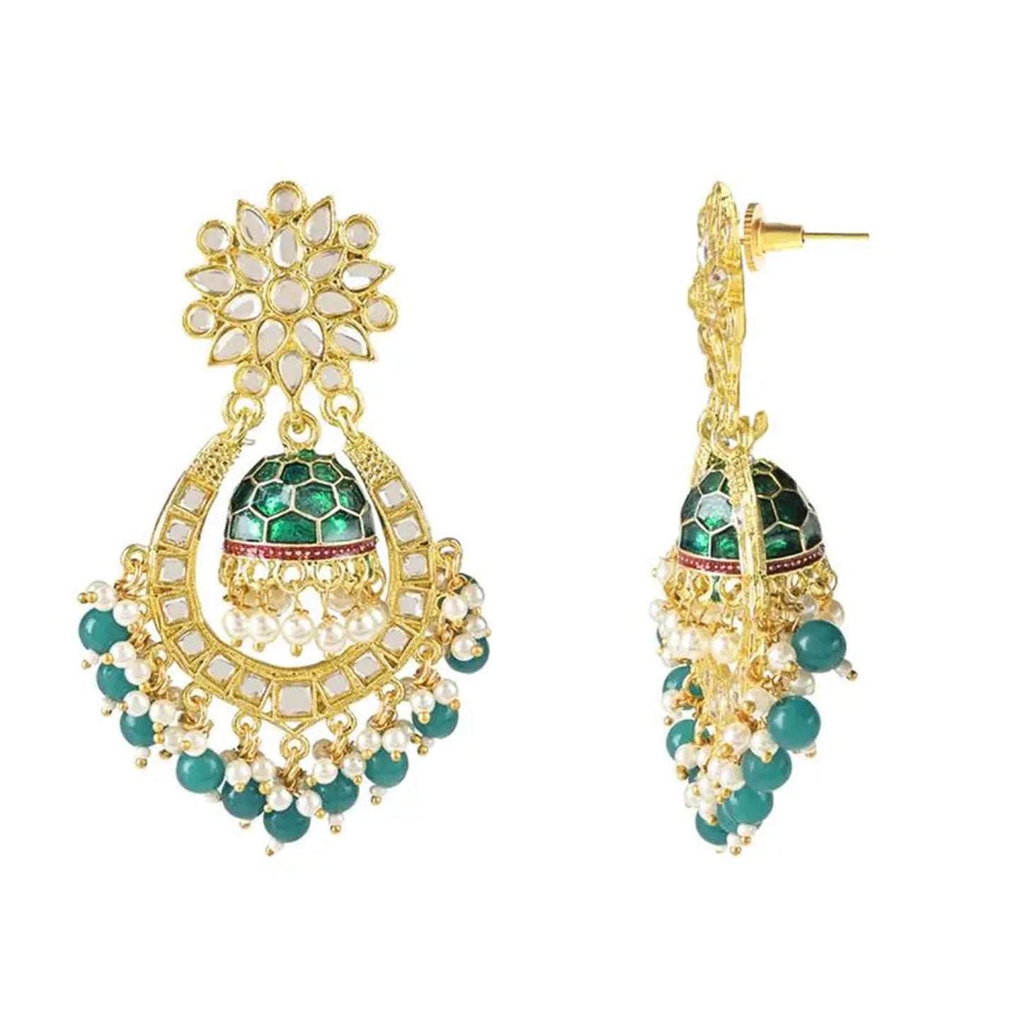 Jewel City Green and Gold-Plated Kundan Chandbali Earrings – Traditional Indian Jhumka Earrings with Pearls | Swadesiicart