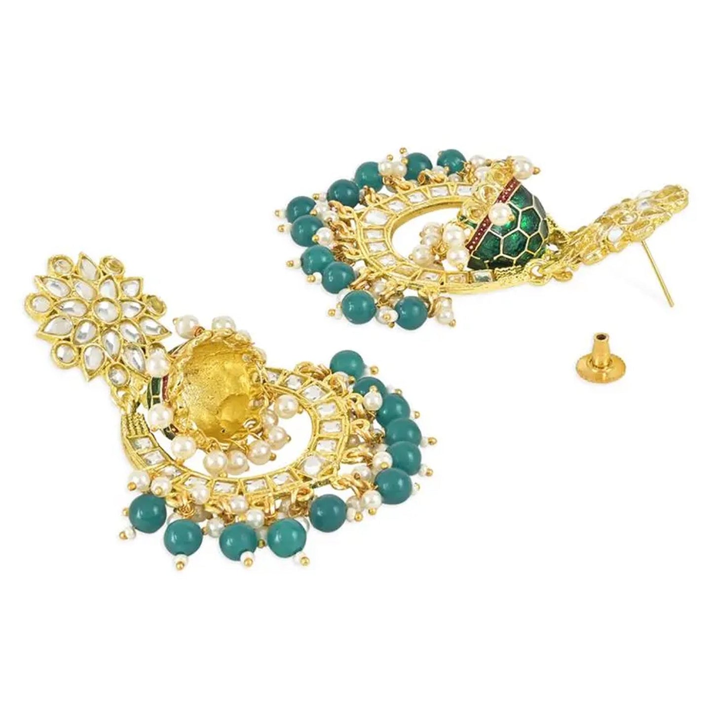 Jewel City Green and Gold-Plated Kundan Chandbali Earrings – Traditional Indian Jhumka Earrings with Pearls | Swadesiicart