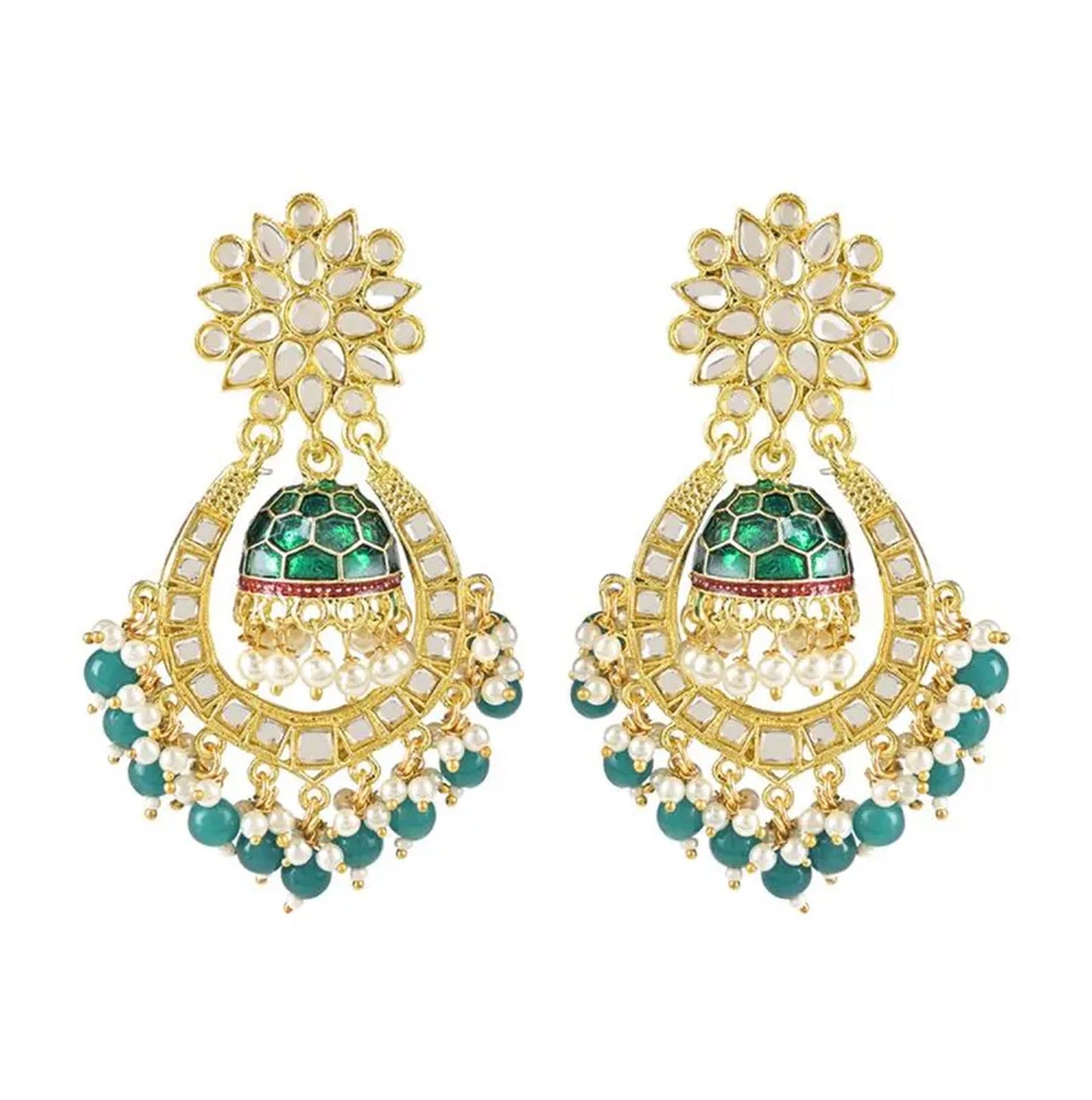 Jewel City Green and Gold-Plated Kundan Chandbali Earrings – Traditional Indian Jhumka Earrings with Pearls | Swadesiicart