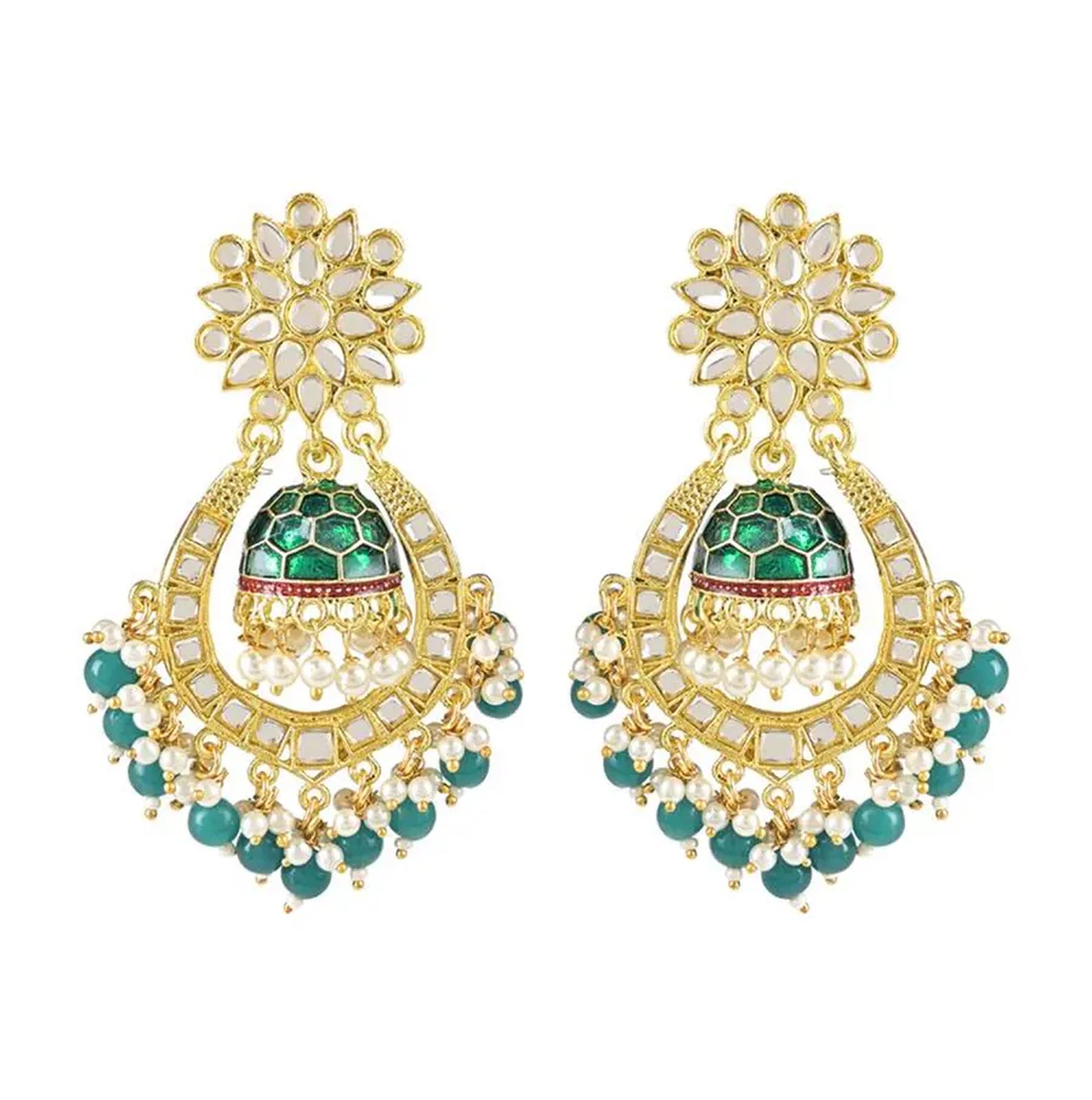 Jewel City Green and Gold-Plated Kundan Chandbali Earrings – Traditional Indian Jhumka Earrings with Pearls | Swadesiicart