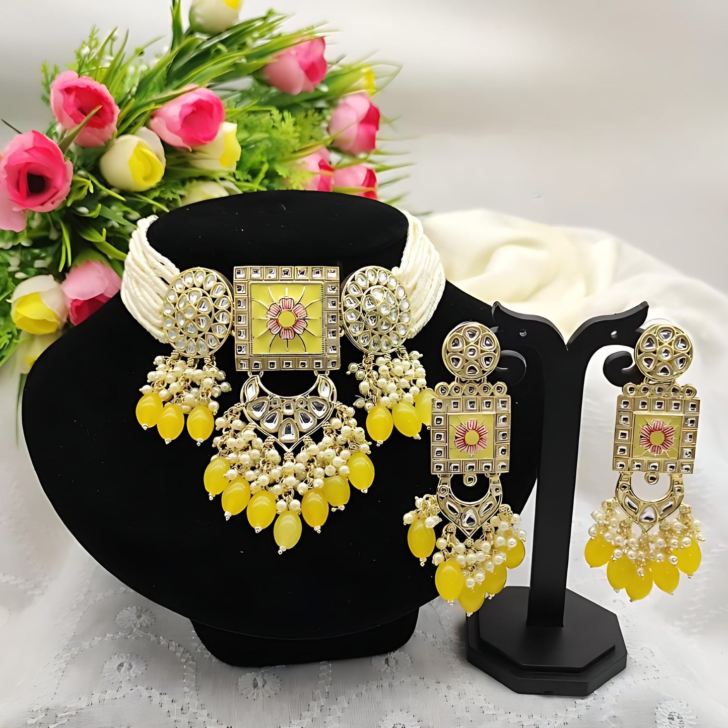 Jewel City Opulent Kundan Meena Yellow Bead Jewelry Set - Exquisite Indian Bridal Accessories | Swadesiicart
