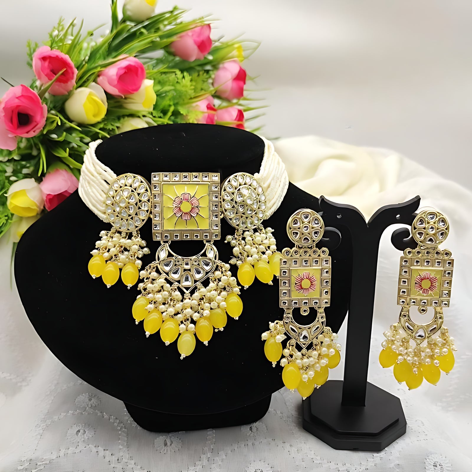 Jewel City Opulent Kundan Meena Yellow Bead Jewelry Set - Exquisite Indian Bridal Accessories | Swadesiicart