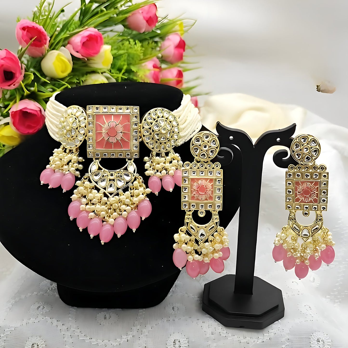 Jewel City Regal Kundan Meena Necklace and Earrings Set with Pink Beads Exquisite Indian Bridal Jewelry Collection | Swadesiicart