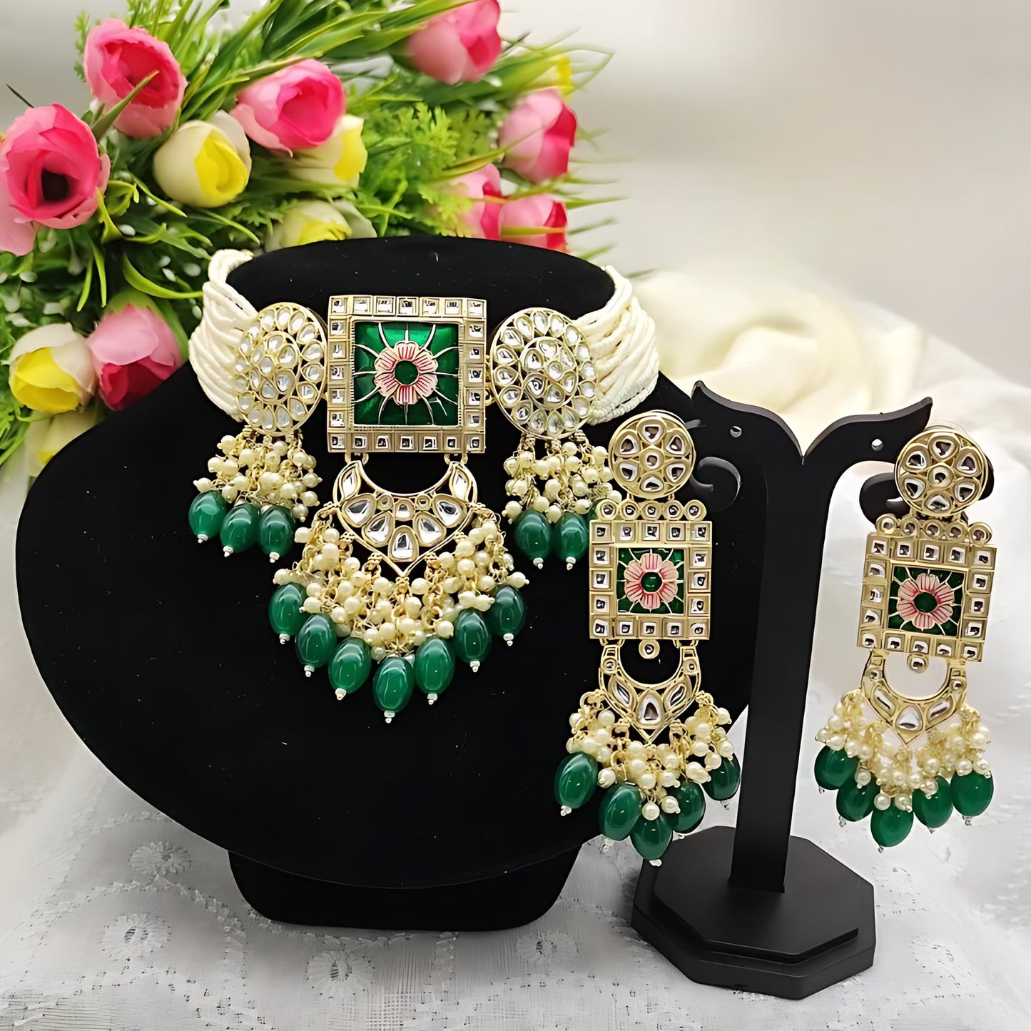 Jewel City Regal Kundan Meena Necklace and Earrings Set with Green Beads - Exquisite Indian Bridal Jewelry Collection | Swadesiicart