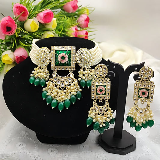 Jewel City Regal Kundan Meena Necklace and Earrings Set with Green Beads - Exquisite Indian Bridal Jewelry Collection | Swadesiicart