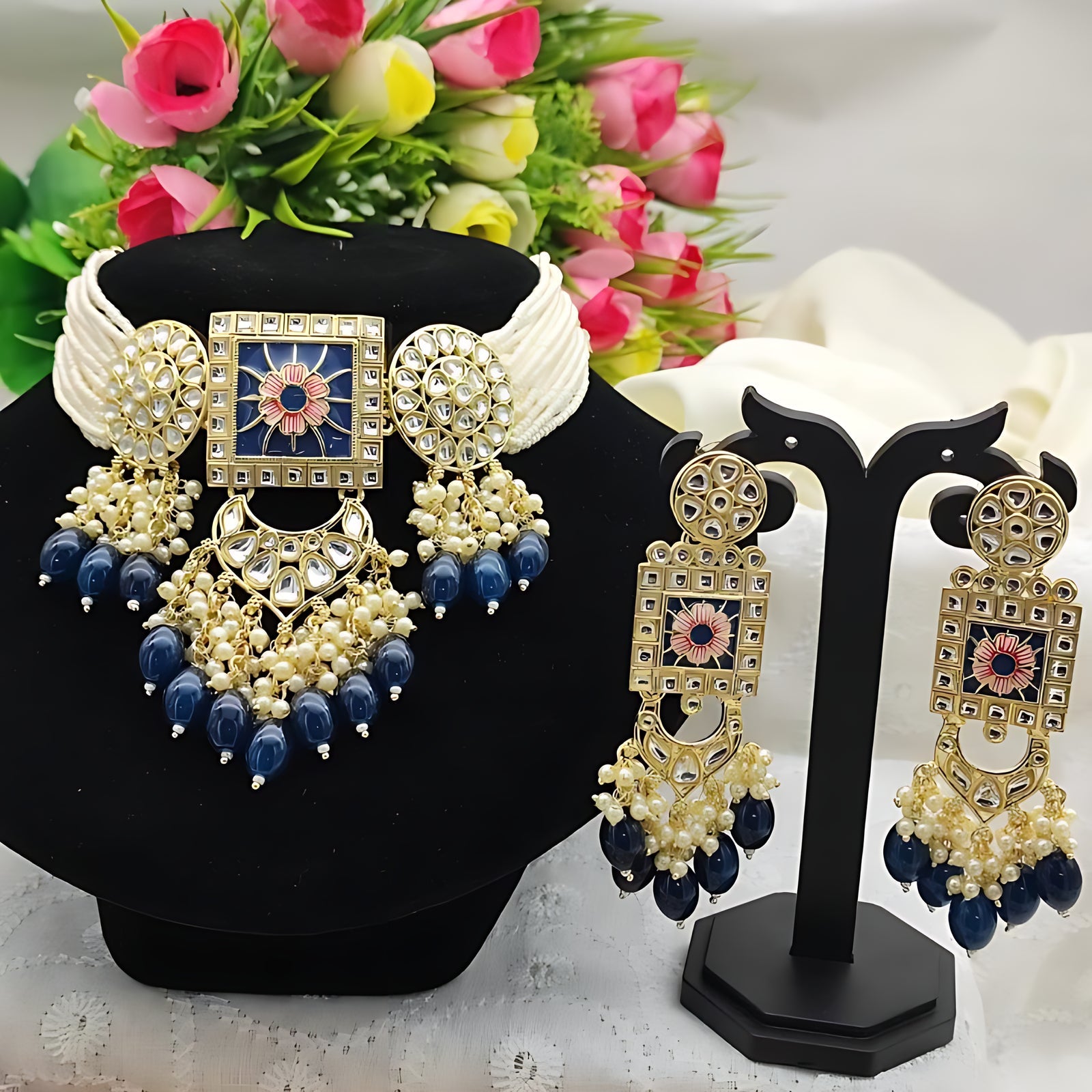Jewel City Regal Kundan Meena Necklace and Earrings Set with Blue Beads -Exquisite Indian Bridal Jewelry Collection | Swadesiicart