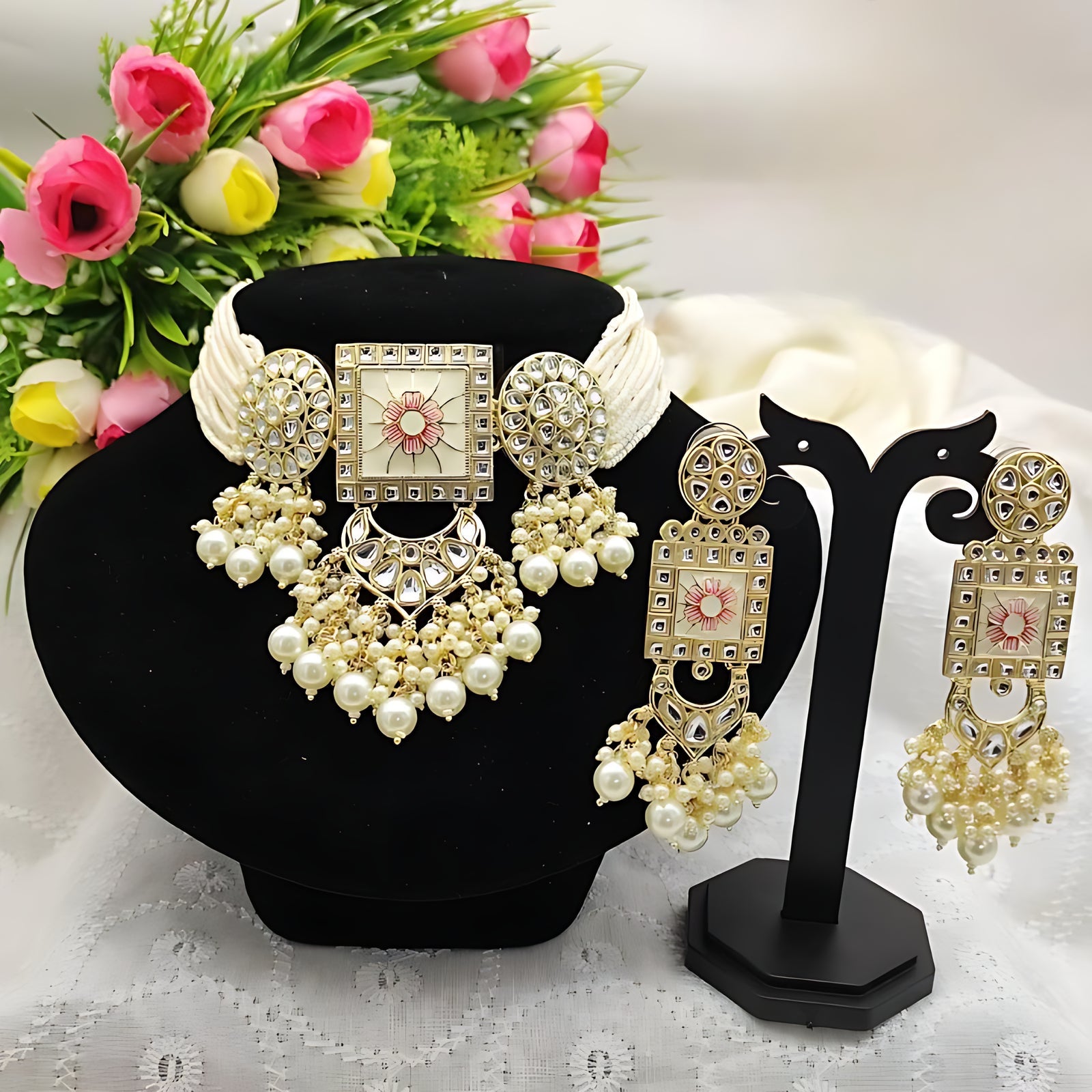 Jewel City Regal Kundan Meena Necklace and Earrings Set with White Beads -Exquisite Indian Bridal Jewelry Collection | Swadesiicart