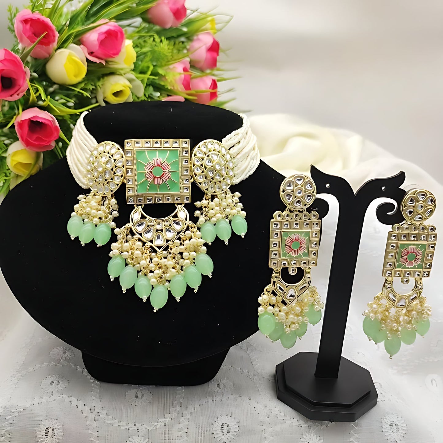 Jewel City Regal Kundan Meena Necklace and Earrings Set with Mint Beads -Exquisite Indian Bridal Jewelry Collection | Swadesiicart