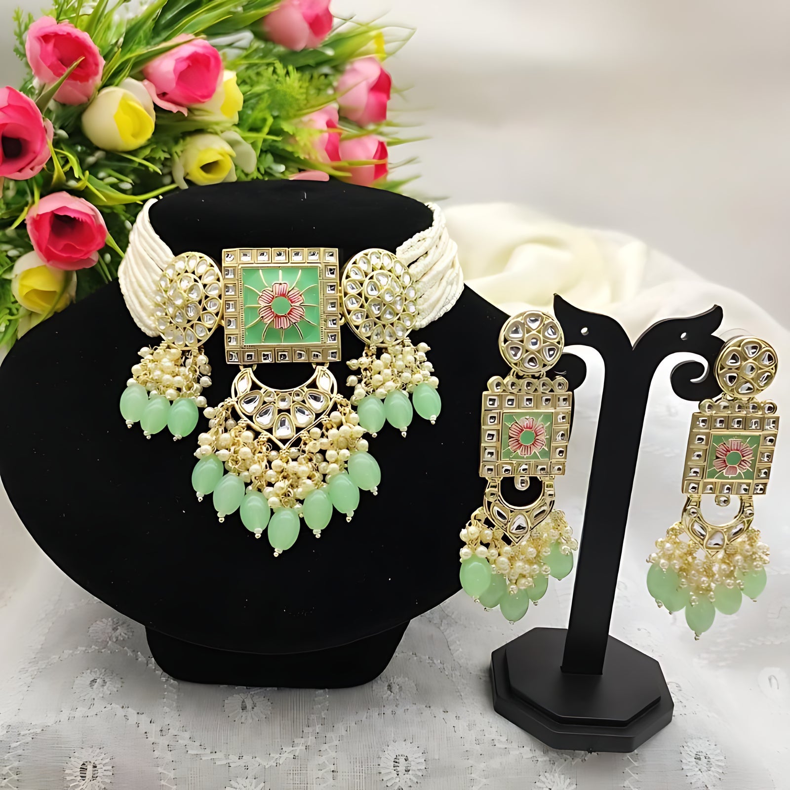 Jewel City Regal Kundan Meena Necklace and Earrings Set with Mint Beads -Exquisite Indian Bridal Jewelry Collection | Swadesiicart