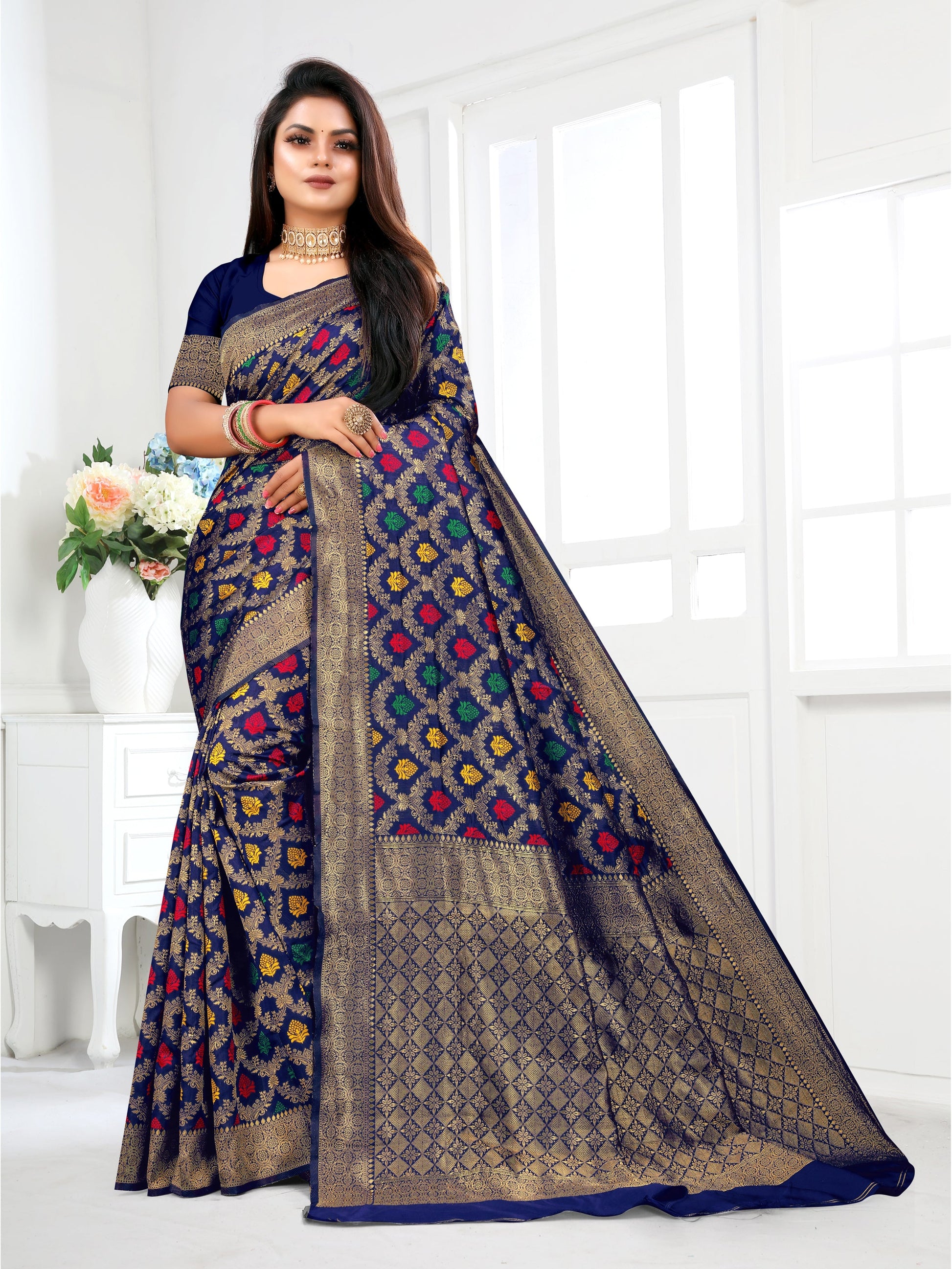 Vedant Vastram Litchi Silk Designer Banarasi Saree - Navy | Swadesiicart