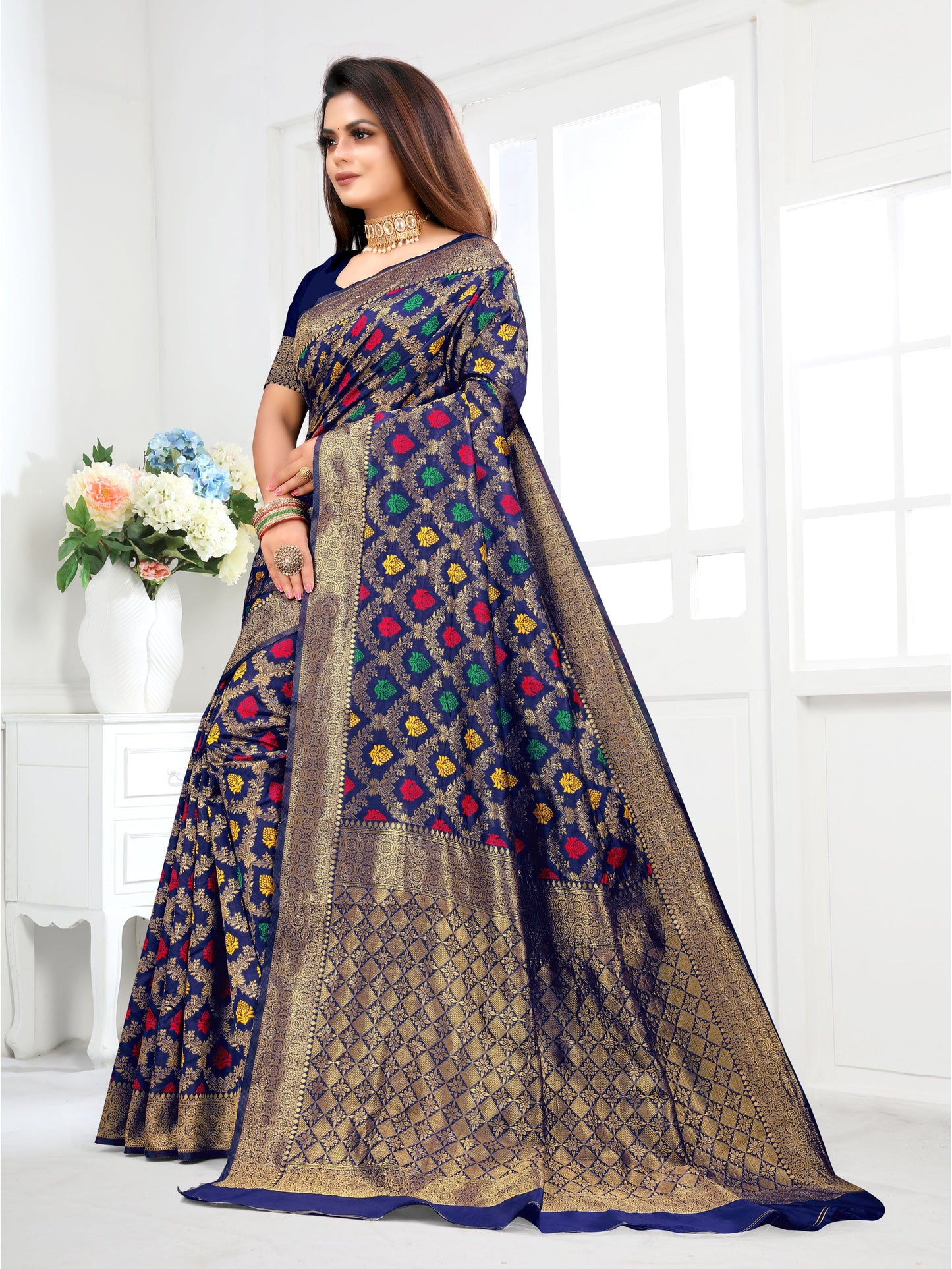 Vedant Vastram Litchi Silk Designer Banarasi Saree - Navy | Swadesiicart