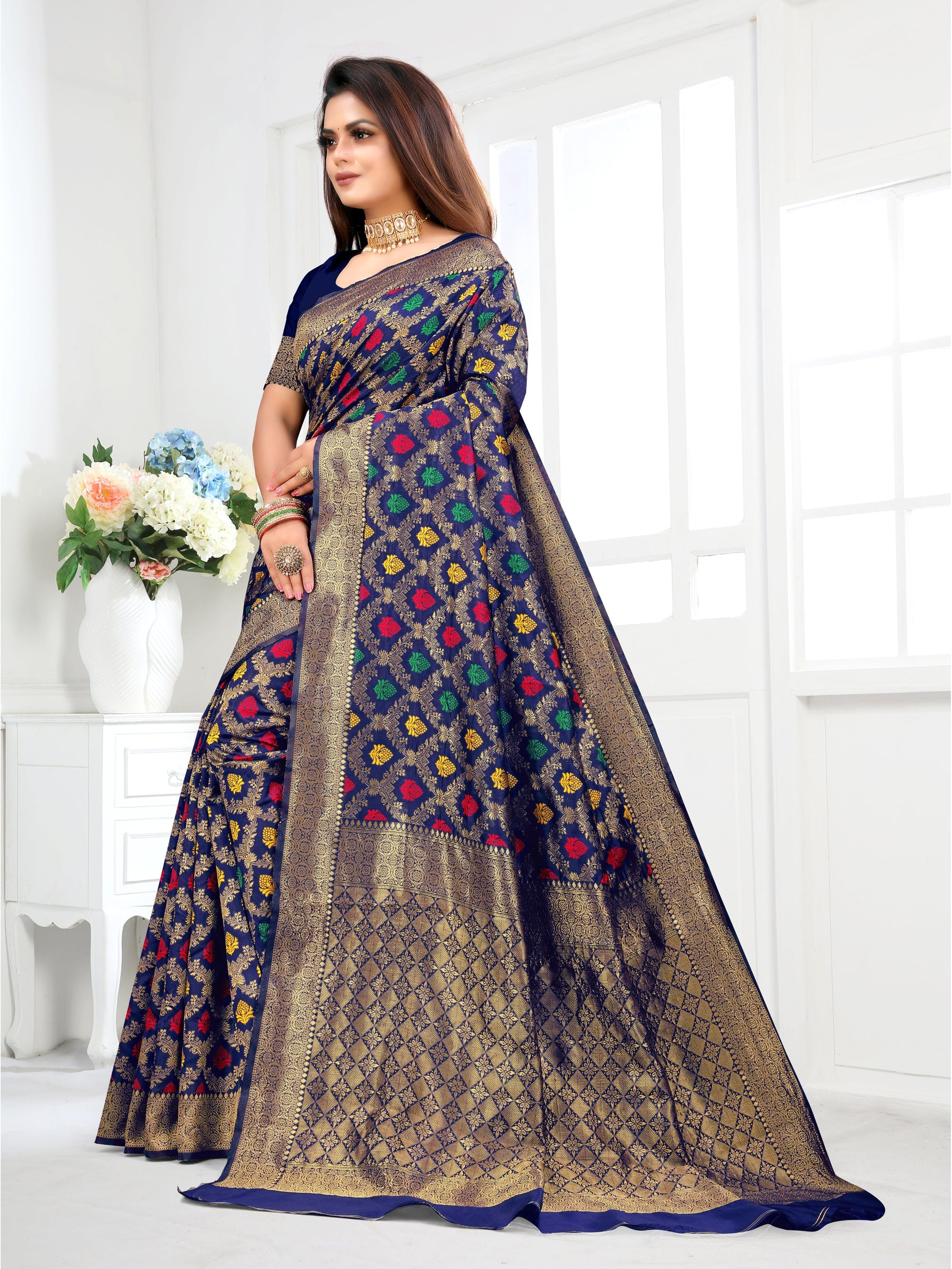 Vedant Vastram Litchi Silk Designer Banarasi Saree - Navy | Swadesiicart