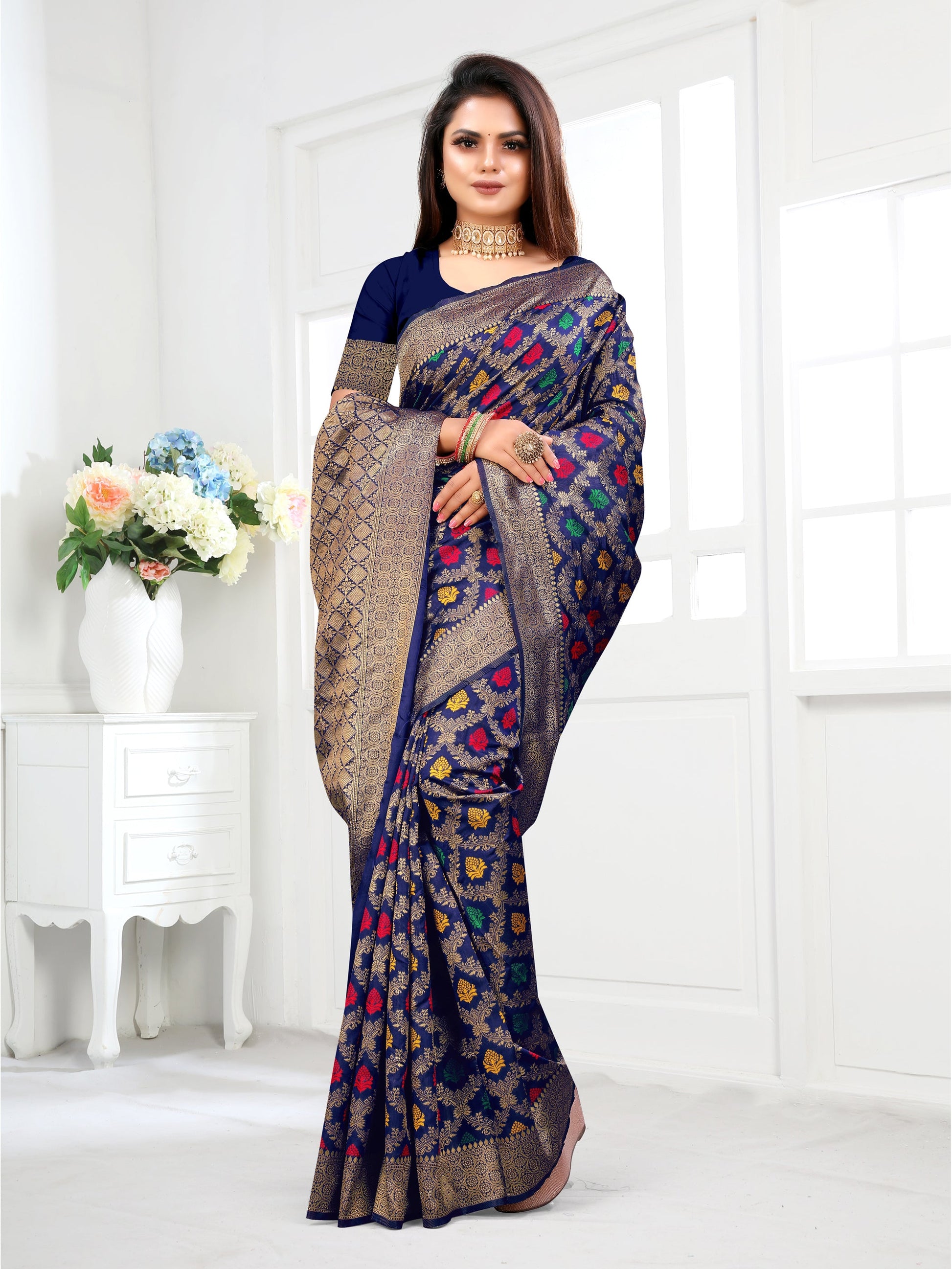 Vedant Vastram Litchi Silk Designer Banarasi Saree - Navy | Swadesiicart